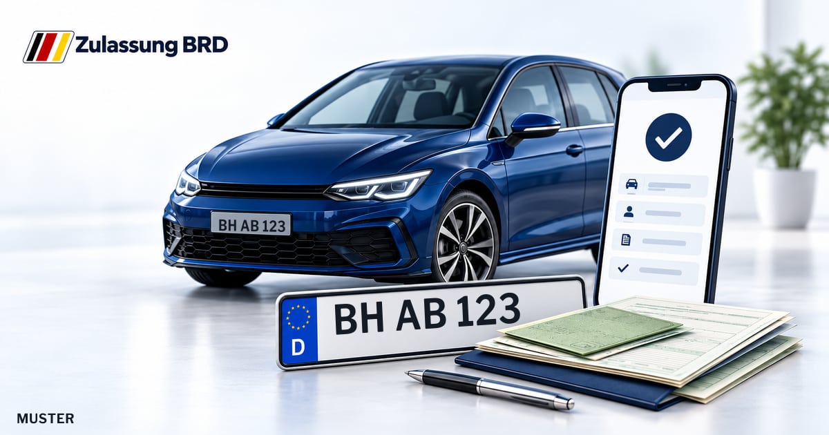 Online Fahrzeugzulassung in Friesenheim: Musterkennzeichen BH AB 123, Auto und Fahrzeugpapiere und Smartphone. Illustration mit Logo von Zulassung BRD.